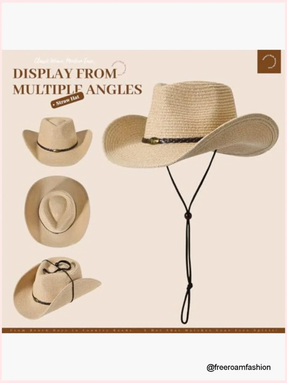 Wide Brim Straw Cowboy Hat with Chin Strap for Sun Protection